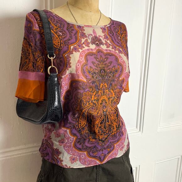 Inc bohochic sheer flowy short sleeve top with paisley purple/orange design - Picture 3 of 8